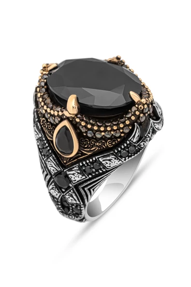 Siyah Taşlı Oval Motifli 925 Gümüş Erkek Yüzük - Resim 2