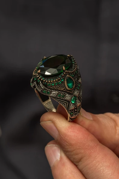 Yeşil Taşlı Oval Motifli 925 Gümüş Erkek Yüzük - 5