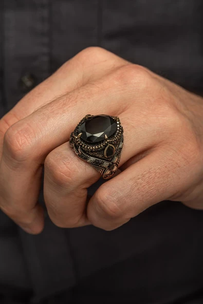 Siyah Taşlı Oval Motifli 925 Gümüş Erkek Yüzük - Resim 3