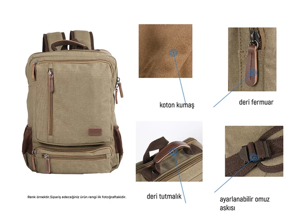 Bagacar Orjinal Kanvas Kumaş Okul ve Günlük Laptop Bölmeli Sırt Çantası Yeşil - 7