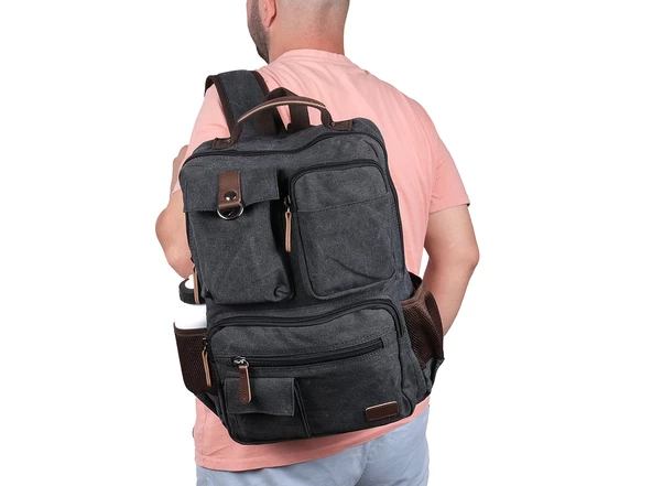 Bagacar Orjinal Kanvas Kumaş Okul ve Günlük Laptop Bölmeli Sırt Çantası Siyah - 3