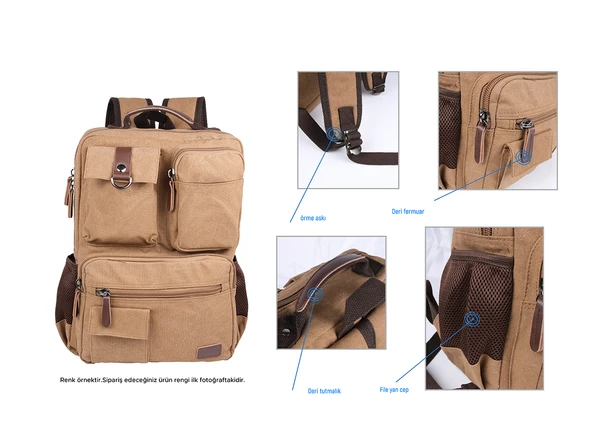 Bagacar Orjinal Kanvas Kumaş Okul ve Günlük Laptop Bölmeli Sırt Çantası Bej - 7
