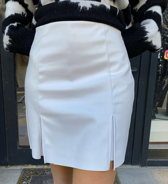 YÜKSEK BEL DERİ MİNİ ETEK - BEYAZ RENK - 2