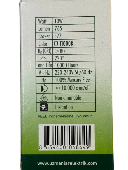 Uzlight 10W(75W) 11000K (Mavi Işık) E27 Duylu Led Ampul (8 Adet) - 4