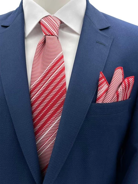 Brianze Kırmızı Beyaz Çizgili Kravat Mendil Set ürün görseli 1