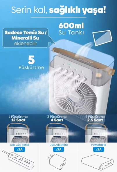 Homy Smart Taşınabilir Işıklı 5 Spreyli Vantilatör Buzlu Buharlı Vantilatör Mini Fan Nemlendirici - 3
