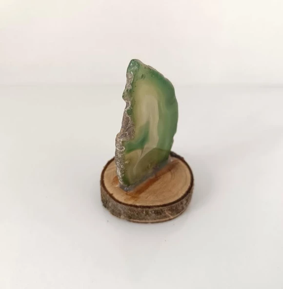 Doğal Taş Plaka Yeşil Akik Ahşap Standlı Dekoratif Obje Biblo Traverten - 3