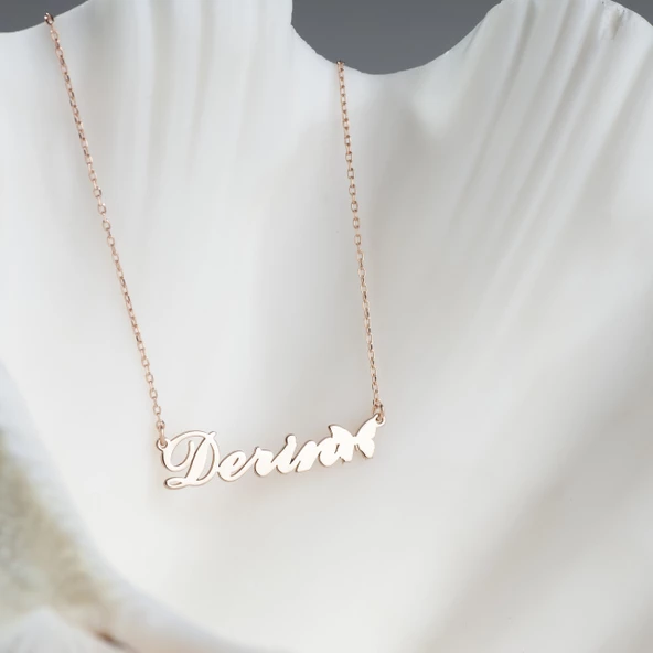 925 Ayar Gümüş Kelebek ve İsim Detaylı Kolye Özel Tasarım ürün görseli 1