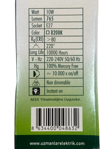 Uzlight 10W(75W) 8200K (Yeşil Işık) E27 Duylu Led Ampul (10 Adet) - Resim 5