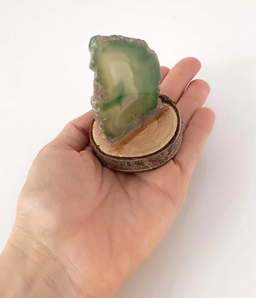 Doğal Taş Plaka Yeşil Akik Ahşap Standlı Dekoratif Obje Biblo Traverten - 2