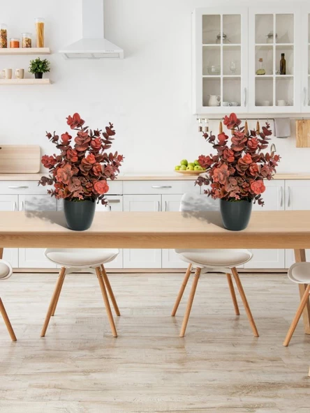 Nettenevime Yapay Çiçek Siyah Saksıda Okaliptus Şimşir Demeti Pudralı Pastel Bordo Dekoratif Yapay Bitki - Resim 7
