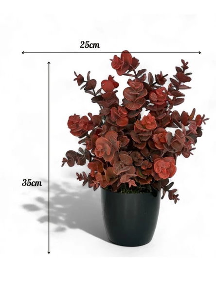 Nettenevime Yapay Çiçek Siyah Saksıda Okaliptus Şimşir Demeti Pudralı Pastel Bordo Dekoratif Yapay Bitki - Resim 3