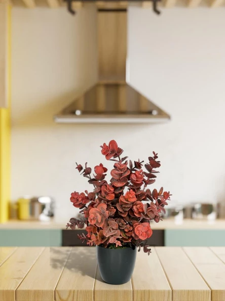 Nettenevime Yapay Çiçek Siyah Saksıda Okaliptus Şimşir Demeti Pudralı Pastel Bordo Dekoratif Yapay Bitki - Resim 5