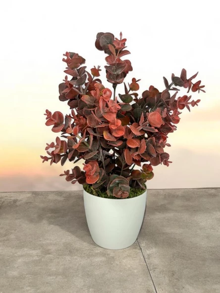 Yapay Çiçek Beyaz Saksıda Okaliptus Şimşir Demeti Pudralı Pastel Bordo Dekoratif Yapay Bitki