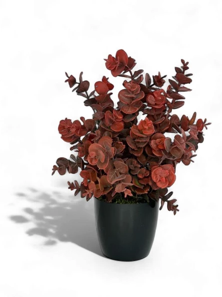 Nettenevime Yapay Çiçek Siyah Saksıda Okaliptus Şimşir Demeti Pudralı Pastel Bordo Dekoratif Yapay Bitki - Resim 2