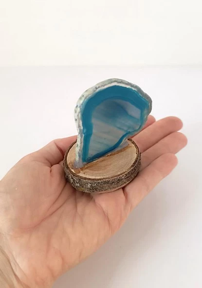 Doğal Taş Plaka Mavi Akik Ahşap Standlı Dekoratif Obje Biblo Traverten - 2