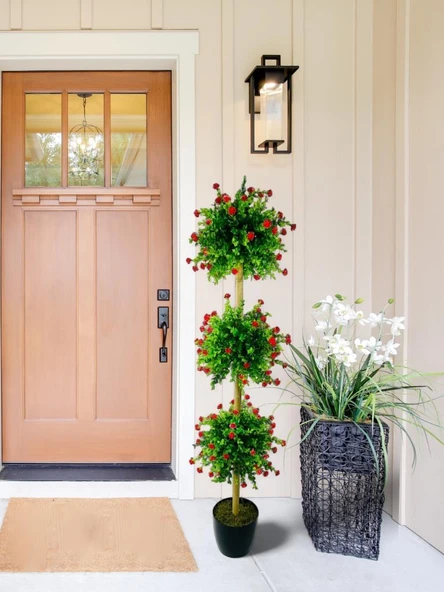 Nettenevime Yapay Ağaç Kırmızı Mineli Şimşir Top Siyah Saksılı 115*30cm - Resim 6