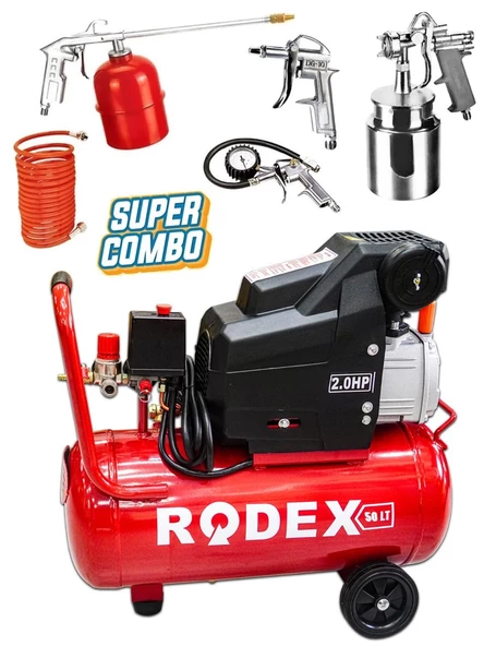 Rodex 50 Litre Hava Kompresörü 5 Parça Havalı Setli Yağlı Sistem 8 Bar Basınç Ayarlı Germany Style