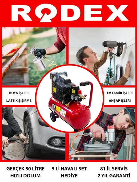 Rodex 50 Litre Hava Kompresörü 5 Parça Havalı Setli Yağlı Sistem 8 Bar Basınç Ayarlı Germany Style - 2