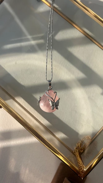 Aşk taşı pembe kuvars çelik kolye - 2