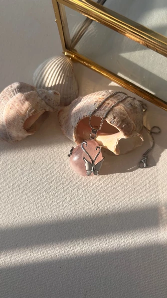 Aşk taşı pembe kuvars çelik kolye - 6