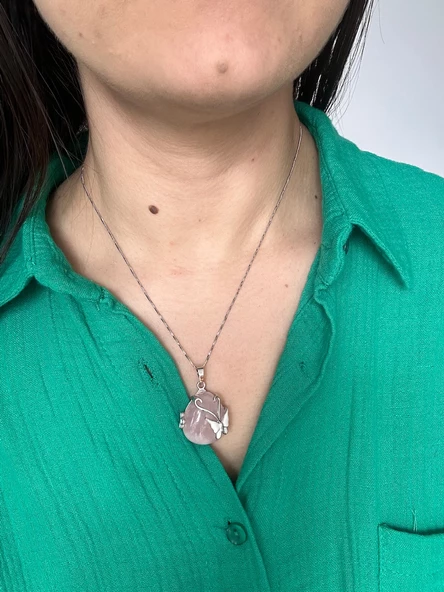 Aşk taşı pembe kuvars çelik kolye - 5