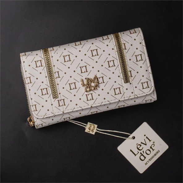 Levidor Beyaz Fermuar Detaylı Monogram Kadın Cüzdan - 3