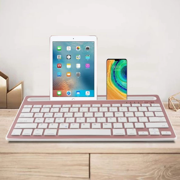 Honor Pad 9 12.1" Uyumlu Kablosuz Bluetooth Şarj Edilebilir Tablet Telefon Standlı Klavye - Pembe - 10