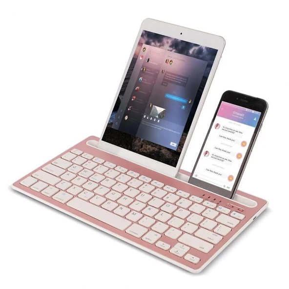 Honor Pad 9 12.1" Uyumlu Kablosuz Bluetooth Şarj Edilebilir Tablet Telefon Standlı Klavye - Pembe - 3
