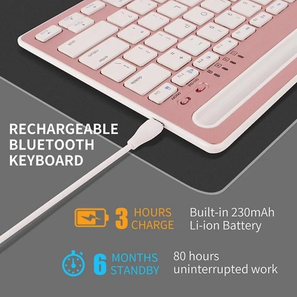 Honor Pad 9 12.1" Uyumlu Kablosuz Bluetooth Şarj Edilebilir Tablet Telefon Standlı Klavye - Pembe - 4