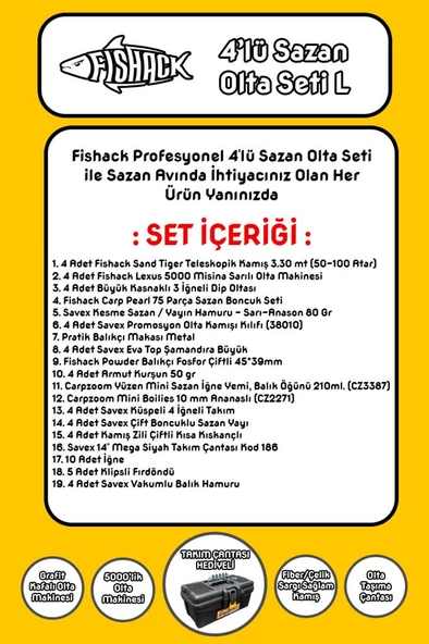 Fishack 4'lü Sazan Olta Seti L - 3.30MT/50-100GR - 2