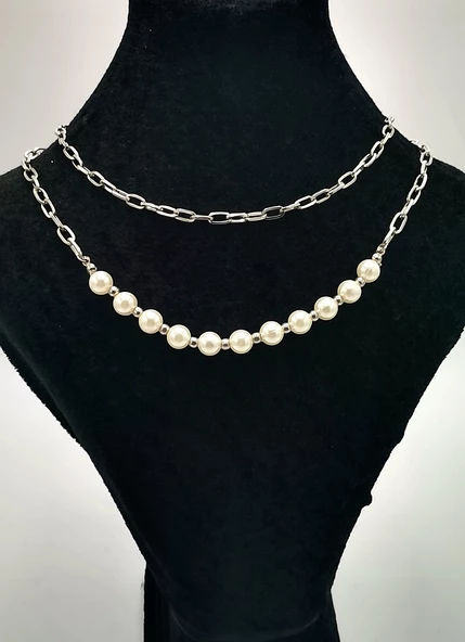 Çift Zİncirli  Gümüş Renk Figürlü Kolye ürün görseli 1