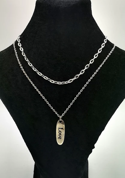 İkili Gümüş Renk Zincirli Figürlü Lüks Kararmaz Kolye ürün görseli 1