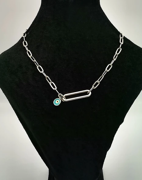 Gümüş Zincir  Nazar Boncuğu Figürlü Kolye ürün görseli 1