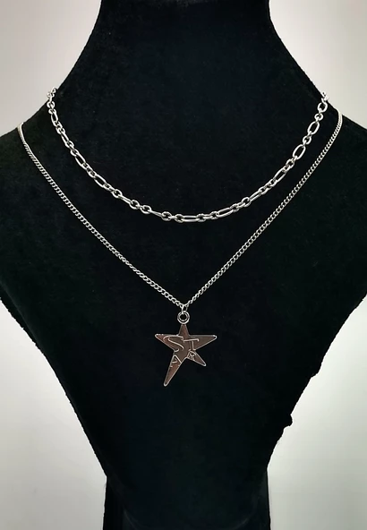 Çift Zİncirli  Gümüş Renk Figürlü Kolye