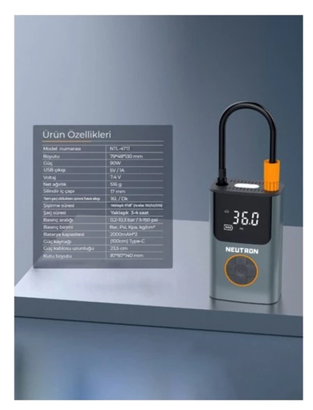 Neutron Taşınabilir Şarjlı Kompresör Lastik Hava Pompası - 4