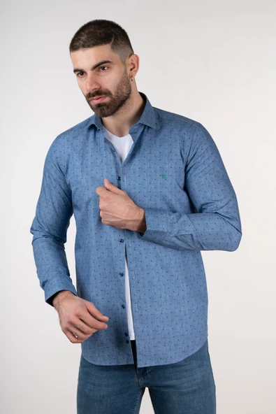 ECER SLİMFİT ERKEK DESENLİ KOT GÖMLEK - 3