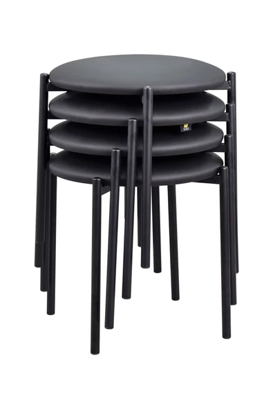 Vilinze Nil Siyah Metal Ayak Deri İstiflenebilir Mutfak-Balkon Taburesi (4 Adet)