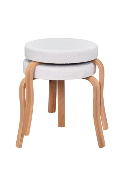 Vilinze Ege Teddy Kumaş Naturel Ahşap Ayak İstiflenebilir Mutfak-Balkon Taburesi (2 Adet)