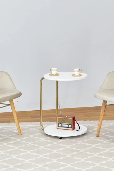 Vilinze Emr Çok Amaçlı Tekerlekli Beyaz Gold Ayak C Sehpa