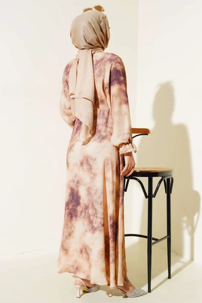 Batik Desen Bel Lastikli Elbise Vizon - Resim 3