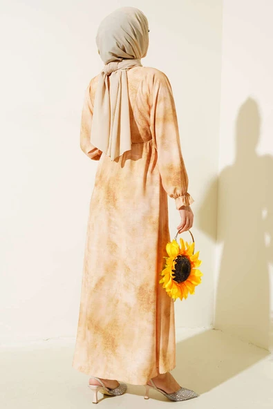 Batik Desen Bel Lastikli Elbise Yağ Yeşili - Resim 3