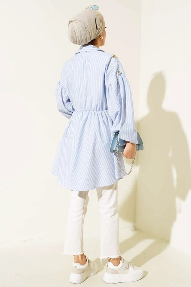 Bel Lastikli V Yaka Tunik Buz Mavisi - Resim 3