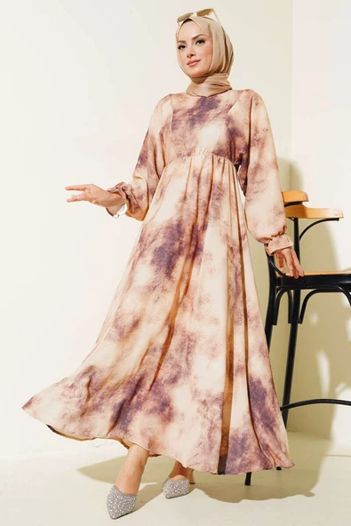 Batik Desen Bel Lastikli Elbise Vizon - Resim 2