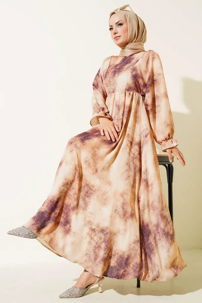 Batik Desen Bel Lastikli Elbise Vizon
