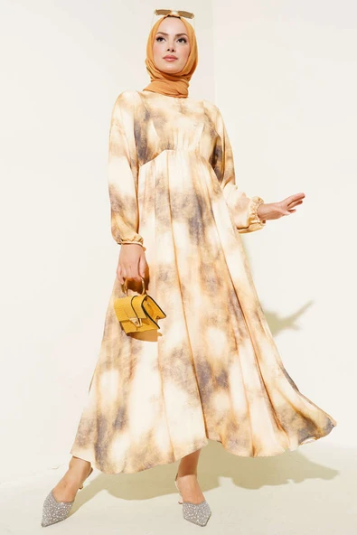 Batik Desen Bel Lastikli Elbise Haki ürün görseli 1