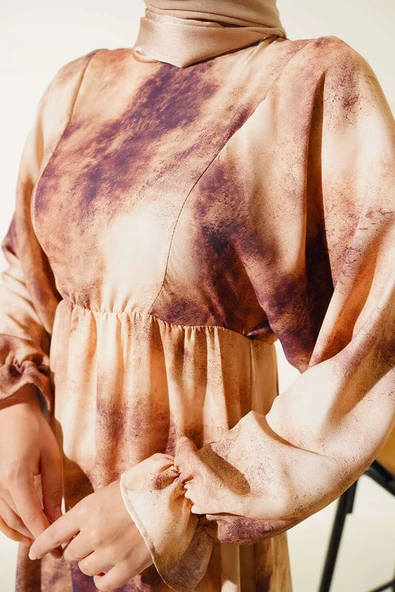 Batik Desen Bel Lastikli Elbise Vizon - Resim 4