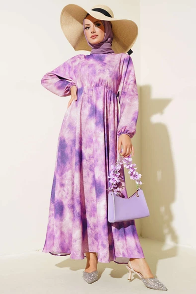Batik Desen Bel Lastikli Elbise Mor
