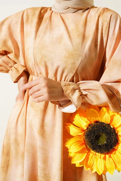 Batik Desen Bel Lastikli Elbise Yağ Yeşili - Resim 4