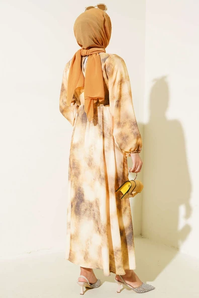 Batik Desen Bel Lastikli Elbise Haki - Resim 3